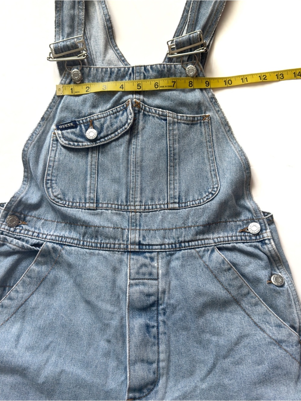 Vintage 90s Guess Denim Bib Overall Large Blue Slouchy Straight Leg Buckle Strap - Picture 15 of 16